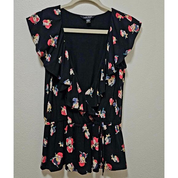 Lauren Ralph Lauren M black label floral ruffle trim elastic waist soft top Boho - Picture 15 of 15